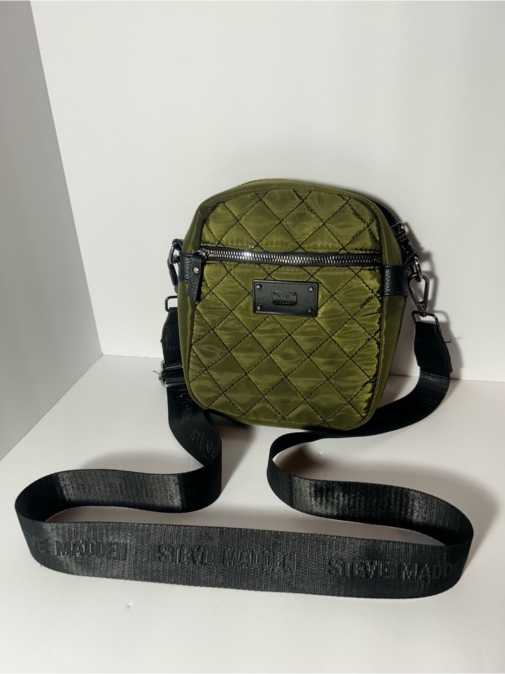 Steve Madden Olive Quilted Crossbody Messenger Bag with Black Strap